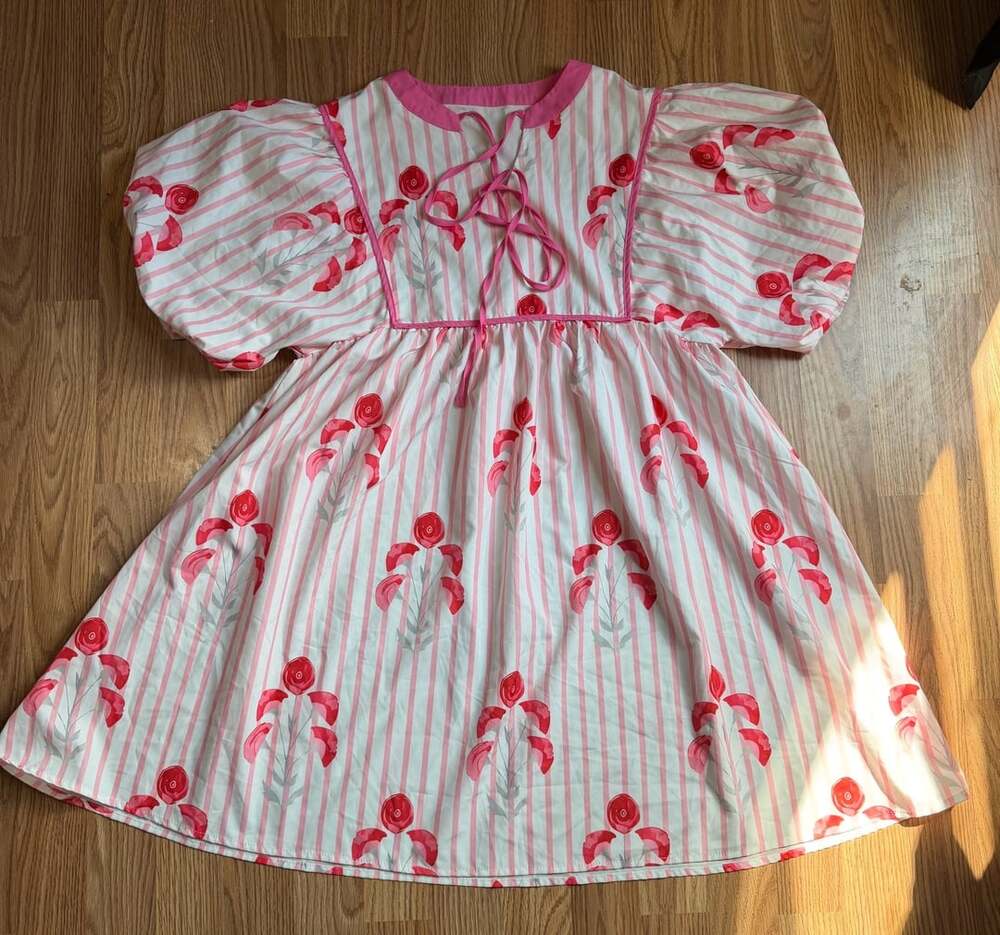 Unbranded Floral Striped Puff Sleeve Mini Dress Size M Pink